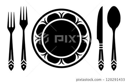 Silhouette illustration of a table setting for a French course with stylish patterned plates and cutlery on a transparent background 120291433