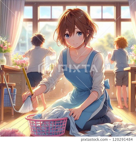 A mother working hard to clean the house A mother working hard to clean the house 120291484