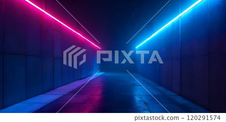 A long, dark hallway with pink and blue neon lights. 120291574