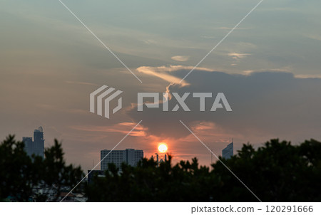 View of Bangkok city and beautiful clouds in sky background before sunset. 120291666