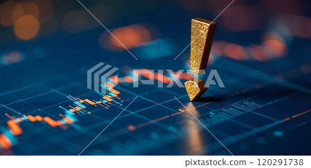 A golden exclamation point stands out against a  blue background with a stock chart. 120291738