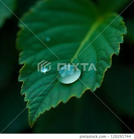 Dew drops glisten on a lush green leaf. 120291744