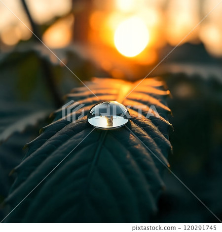 A single water droplet sits atop a green leaf, reflecting the golden light of the setting sun. 120291745