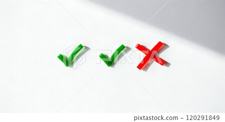 Two green check marks and one red X. 120291849