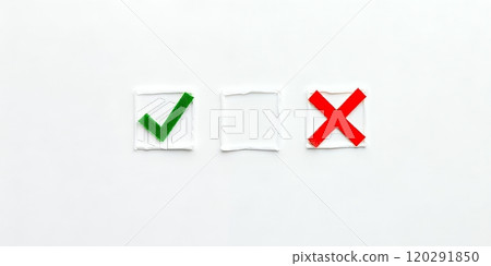 Green checkmark and red X in white squares. 120291850