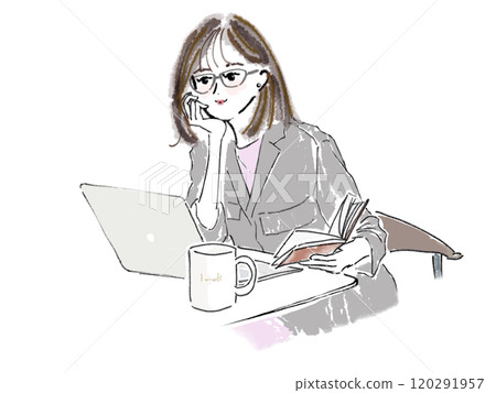 一位戴眼鏡的女士看著電腦思考 120291957