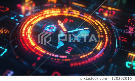 A colorful clock with numbers and a red hour hand 120292010