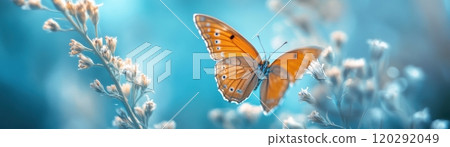 A butterfly is flying over a field of flowers 120292049