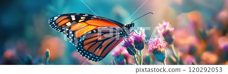 A butterfly is flying over a field of flowers 120292053