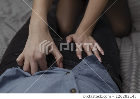 Work with your mouth. Sexy girl rubs the zipper on her partner's jeans for oral sex Work with your mouth. Sexy girl rubs the zipper on her partner's jeans for oral sex 120292145