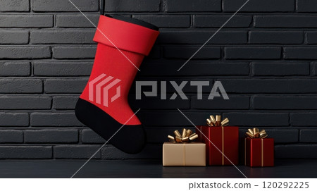 A red stocking sits on a brick wall next to a stack of presents. 120292225