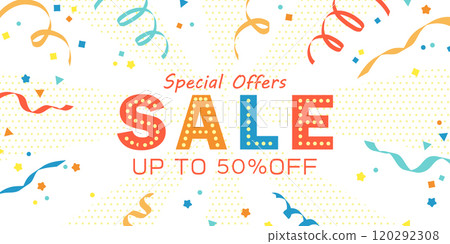 五彩紙屑絲帶流行銷售設計（向量網路銷售促銷背景資料橫幅） 120292308