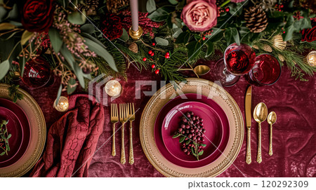 Festive table setting with cutlery, candles and beautiful red flowers in vase. High quality photo Festive table setting with cutlery, candles and beautiful red flowers in vase. High quality photo 120292309