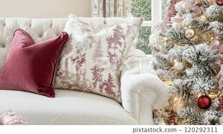 Living room interior with Christmas tree, holiday decorations and fireplace. Holidays concept Living room interior with Christmas tree, holiday decorations and fireplace. Holidays concept 120292311