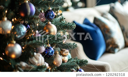 Christmas tree and holiday decorations in the living room. Holiday concept 120292318