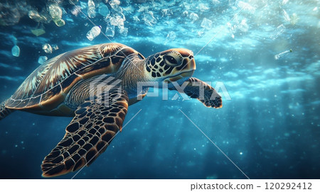 A turtle swimming in the ocean with plastic debris in the water A turtle swimming in the ocean with plastic debris in the water 120292412