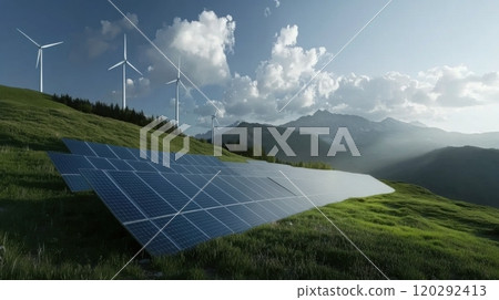 A solar panel farm with wind turbines in the background 120292413