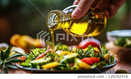 A person is pouring oil over a salad 120292438