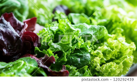 A bunch of green and red lettuce is displayed on a plate 120292439