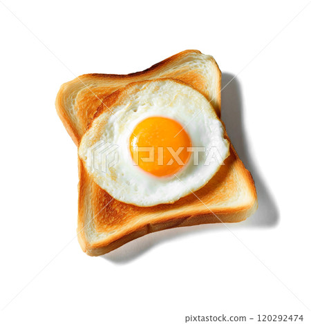 Toast with fried egg on white background 120292474