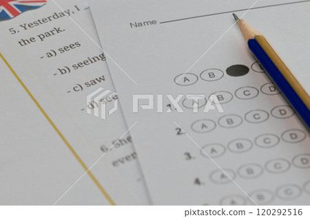 English test and bubble answer sheet on table in class 120292516