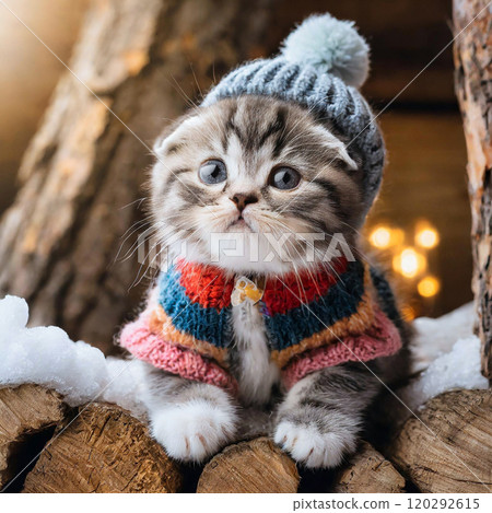 可愛的蘇格蘭折耳貓小貓穿著冬衣 120292615