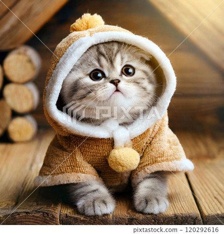 可愛的蘇格蘭折耳貓小貓穿著冬衣 可愛的蘇格蘭折耳貓小貓穿著冬衣 120292616