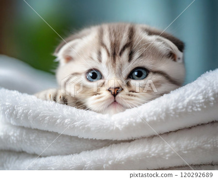 A cute Scottish Fold kitten peeking out from a pile of fluffy towels 120292689