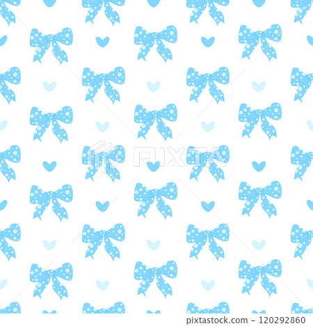 Soft blue polka dots bow. Coquette Seamless pattern decorative bow-knot ribbon and hearts on white background. Trendy aesthetic textured elegant accessories backdrop. Vector illustration. 120292860