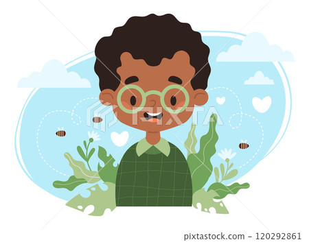 Happy Boy with glasses. Mental Health. Cute black afro american Child with Nature. Positive Impact of Environment. Child health and ecology concept. Vector illustration 120292861