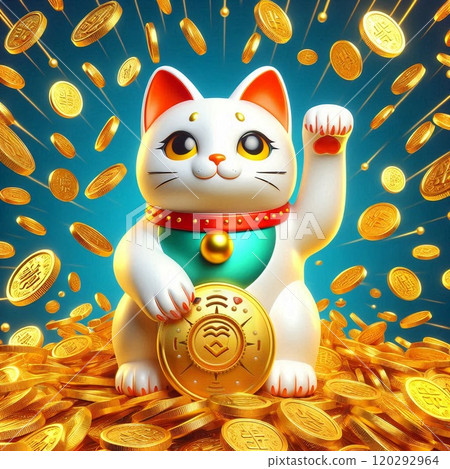 Increase your luck with money! A maneki-neko (beckoning cat) and gold coins create an image of prosperity 120292964
