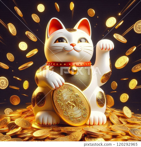 Increase your luck with money! A maneki-neko (beckoning cat) and gold coins create an image of prosperity 120292965
