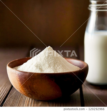 木質廚房背景中的脫脂奶粉和低脂牛奶 120292966