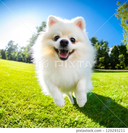 用魚眼鏡頭拍攝的可愛的白色博美犬小狗,藍天公園背景 用魚眼鏡頭拍攝的可愛的白色博美犬小狗,藍天公園背景 120293211