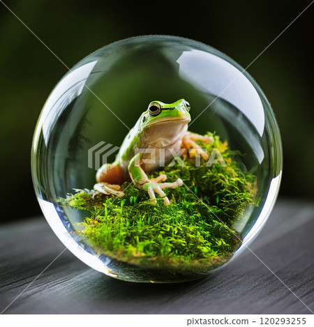 一隻可愛的樹蛙被困在球形玻璃中 120293255