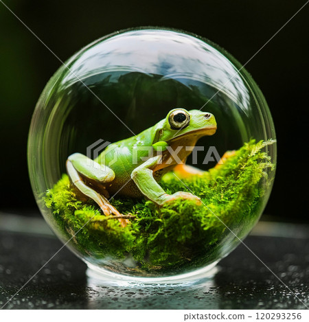 一隻可愛的樹蛙被困在球形玻璃中 120293256