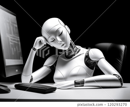 Artificial intelligence robot falling asleep while working in front of a desktop computer on a black background 120293270