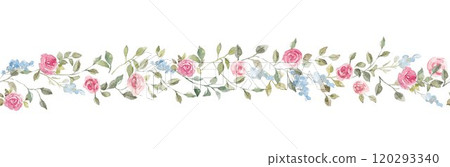 Beautiful floral horizontal seamless pattern with hand drawn watercolor abstract flowers. Stock illustration. Gentle summer design. Seamless print. 120293340