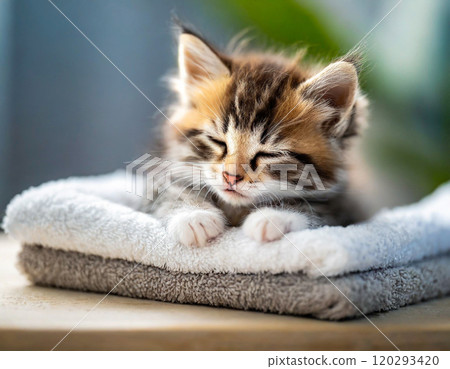 毛巾上睏倦的印花布小貓 120293420