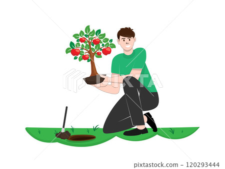 Young man planting an apple tree In the garden area of ??his house Young man planting an apple tree In the garden area of ??his house 120293444