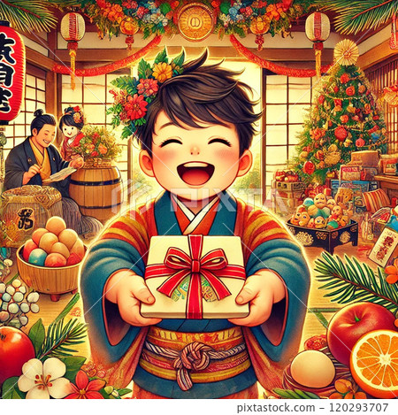 手裡拿著新年禮物袋的孩子高興極了 120293707