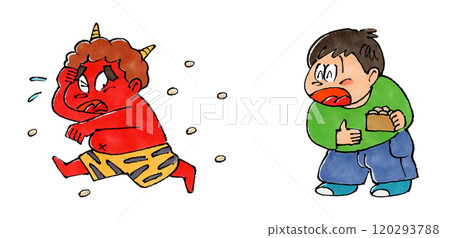 A red demon runs away from a boy throwing beans A red demon runs away from a boy throwing beans 120293788