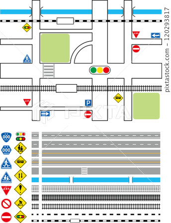 一組軌道、道路和標誌，可用於學習交通規則、創建地圖等。 120293817