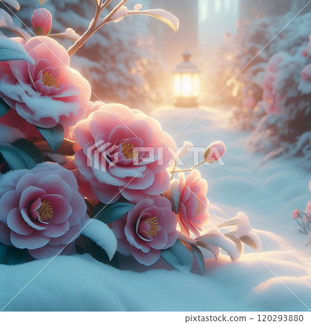 粉紅的山茶花和燈籠在雪地的襯托下閃閃發光 120293880
