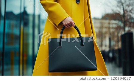 穿黃色外套和黑色包包的女人 120294037