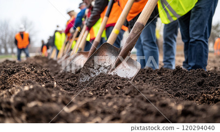 一名工人和鏟子正在挖地 120294040