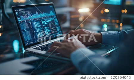 Businessman doing data analysis on laptop 120294043