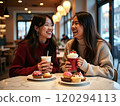 Woman eating cake at a cafe 120294113