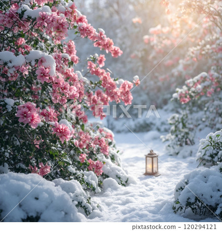 Beautiful contrast of camellias blooming in a winter garden 120294121