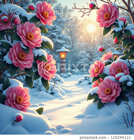 Beautiful contrast of camellias blooming in a winter garden 120294122